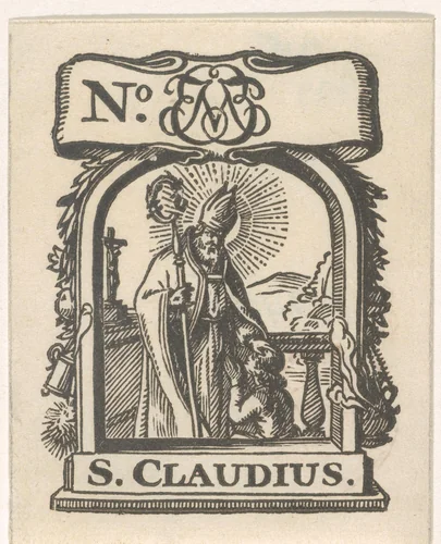 Handelsetiket met de heilige Claudius en een monogram by Isaac Vincentsz. van der Vinne, print, 1681-1740