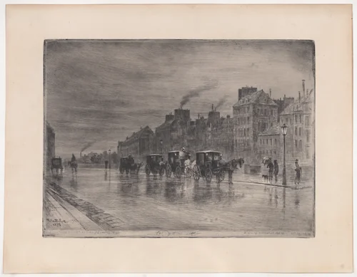Winter Morning on the Quai de l'Hôtel-Dieu (Cabstand) by Félix Hilaire Buhot, print, 1876