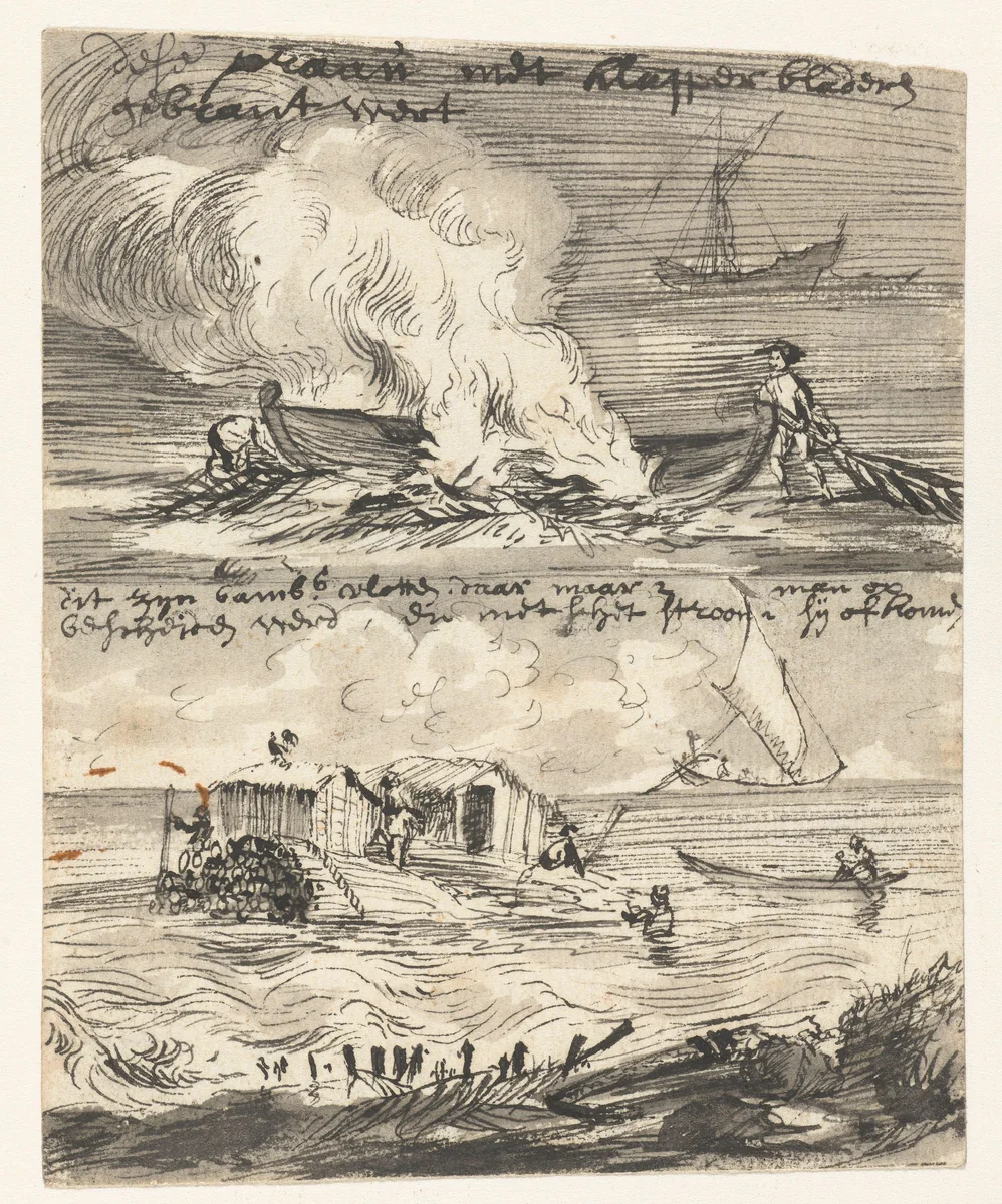 Schetsen van een prauw en twee bamboevlotten by Wouter Schouten, drawing, 1660