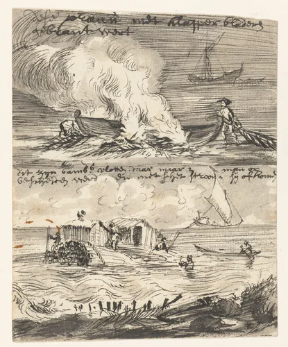 Schetsen van een prauw en twee bamboevlotten by Wouter Schouten, drawing, 1660