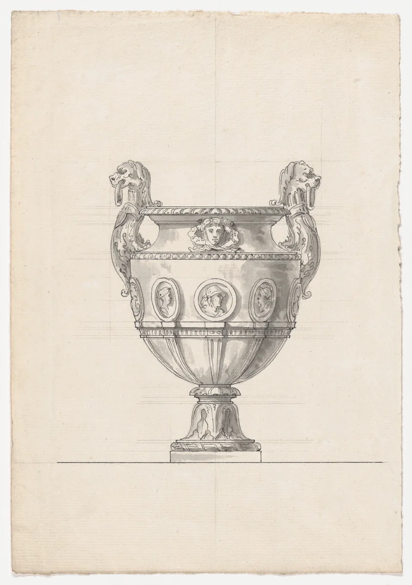 Bronze Garden Vase with Portrait Medallions and Hybrid Lion-shaped Handles, possibly related to the Gardens of Versailles by Claude Ballin the Elder, drawing, 1673