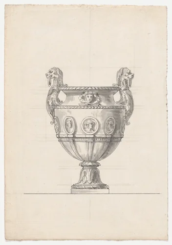 Bronze Garden Vase with Portrait Medallions and Hybrid Lion-shaped Handles, possibly related to the Gardens of Versailles by Claude Ballin the Elder, drawing, 1673