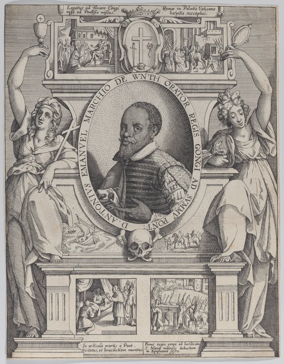 Portrait of Don Antonio Emanuel Ne-Vunda, Marchio de Wynth, Ambassador to the King of the Congo by Lucas Kilian, print, 1603-1625