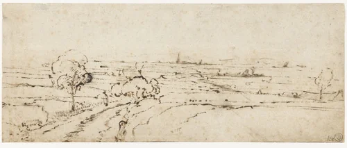 Vergezicht met een weg op de voorgrond by Aert de Gelder, drawing, 1690-1710