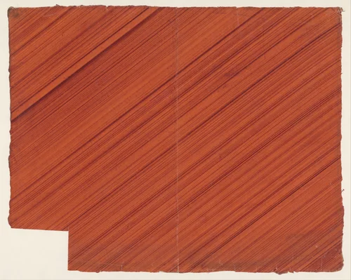Diagonaal gestreken stijfselverfpapier in rood by anonymous, other, 1800-1950