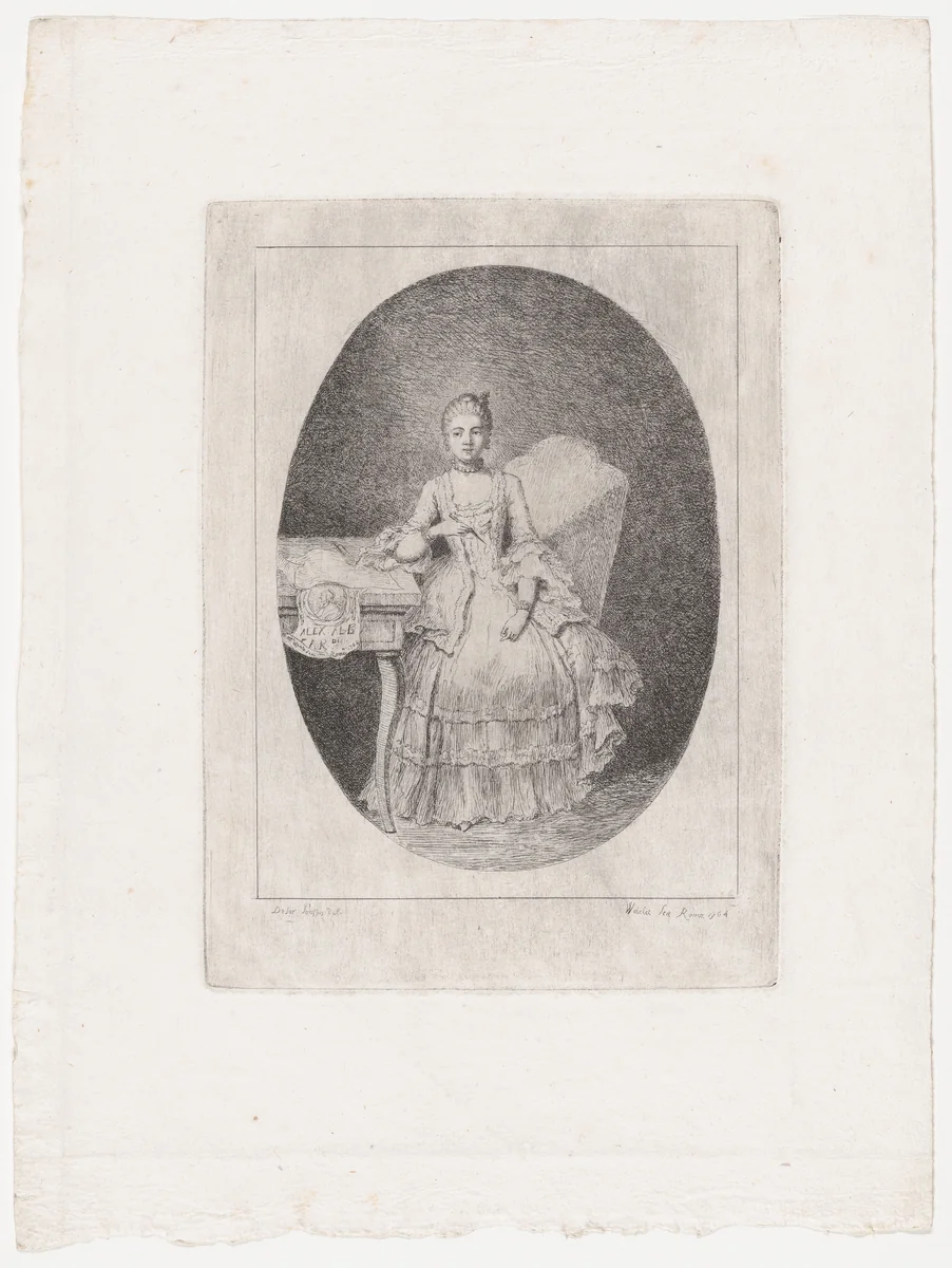 Portrait of Marguerite Le Comte by Claude Henri Watelet, print, 1764