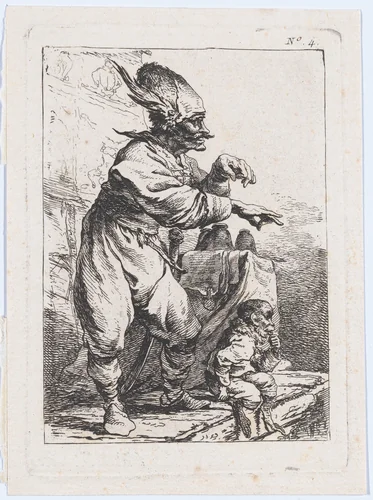 A Performer on a Stage with a Monkey by Philippe-Jacques de Loutherbourg, print, 1755-1771