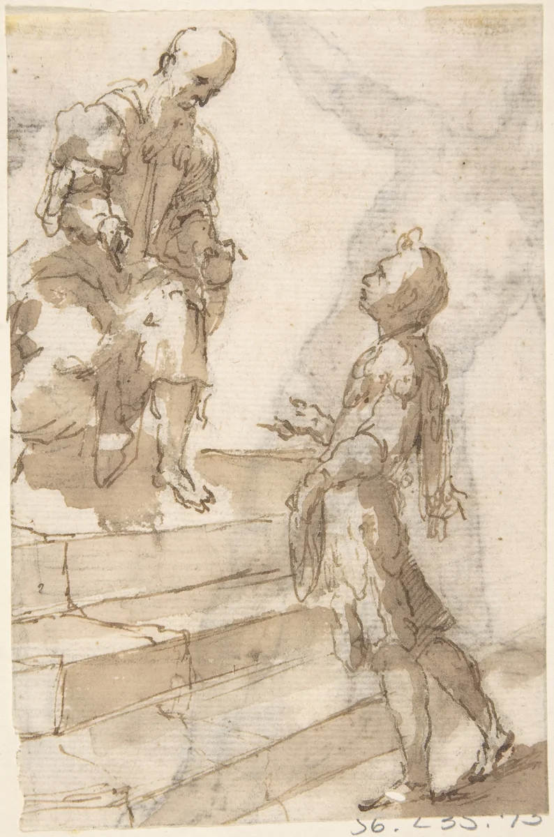 Young Man Approaching Old Bearded Man Who Stands on Steps (recto); Male Nude with Bent Right Knee (verso) by anonymous, drawing, 1600-1700
