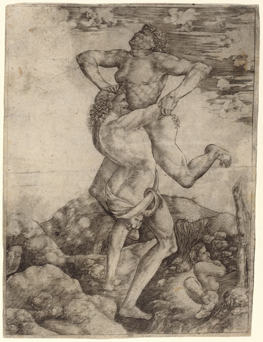 Hercules and Antaeus by Cristofano Robetta; Antonio del Pollaiuolo, print, 1500