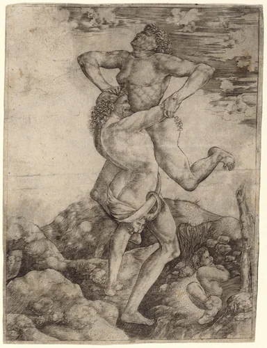 Hercules and Antaeus by Cristofano Robetta; Antonio del Pollaiuolo, print, 1500