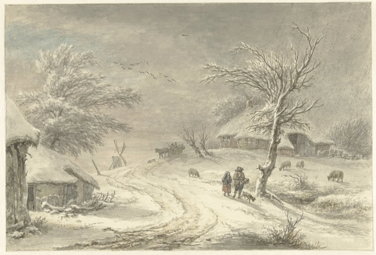 Wintergezicht te Exloo, Drenthe by Egbert van Drielst, drawing, 1755-1818