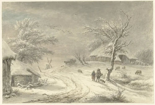 Wintergezicht te Exloo, Drenthe by Egbert van Drielst, drawing, 1755-1818