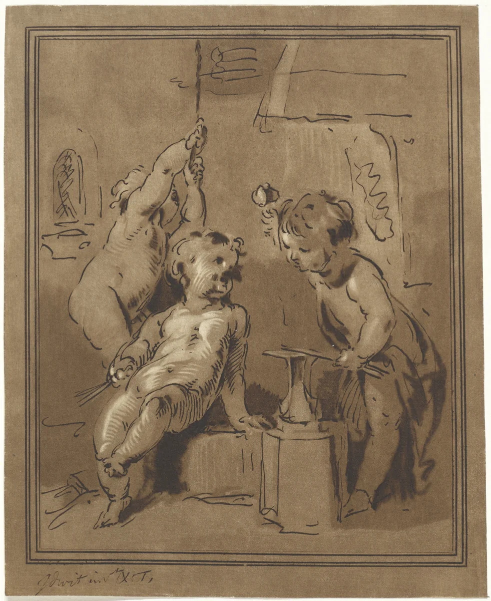 Drie putti bij een aambeeld by Bernhard Schreuder, print, 1767-1780