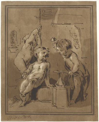 Drie putti bij een aambeeld by Bernhard Schreuder, print, 1767-1780