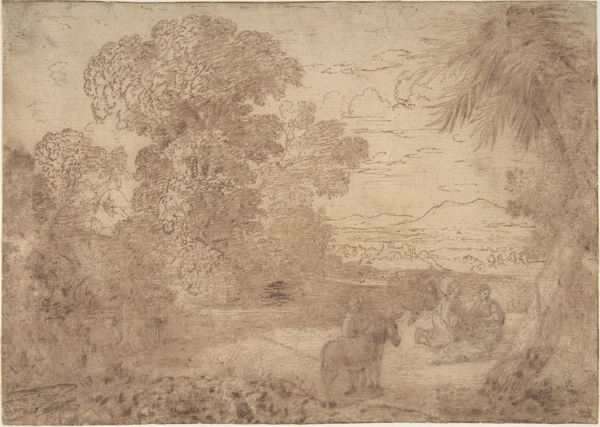 Landscape with the Rest on the Flight into Egypt by Claude Lorrain, drawing, 1630-1640