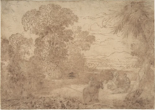 Landscape with the Rest on the Flight into Egypt by Claude Lorrain, drawing, 1630-1640