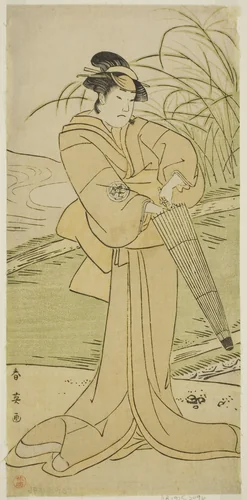 The Actor Yamashita Kinsaku II as Okaya in the Play Yomogi Fuku Noki no Tamamizu, Performed at the Kiri Theater in the Fifth Month, 1795 by Katsukawa Shun'ei (勝川春英), print, 1790-1800