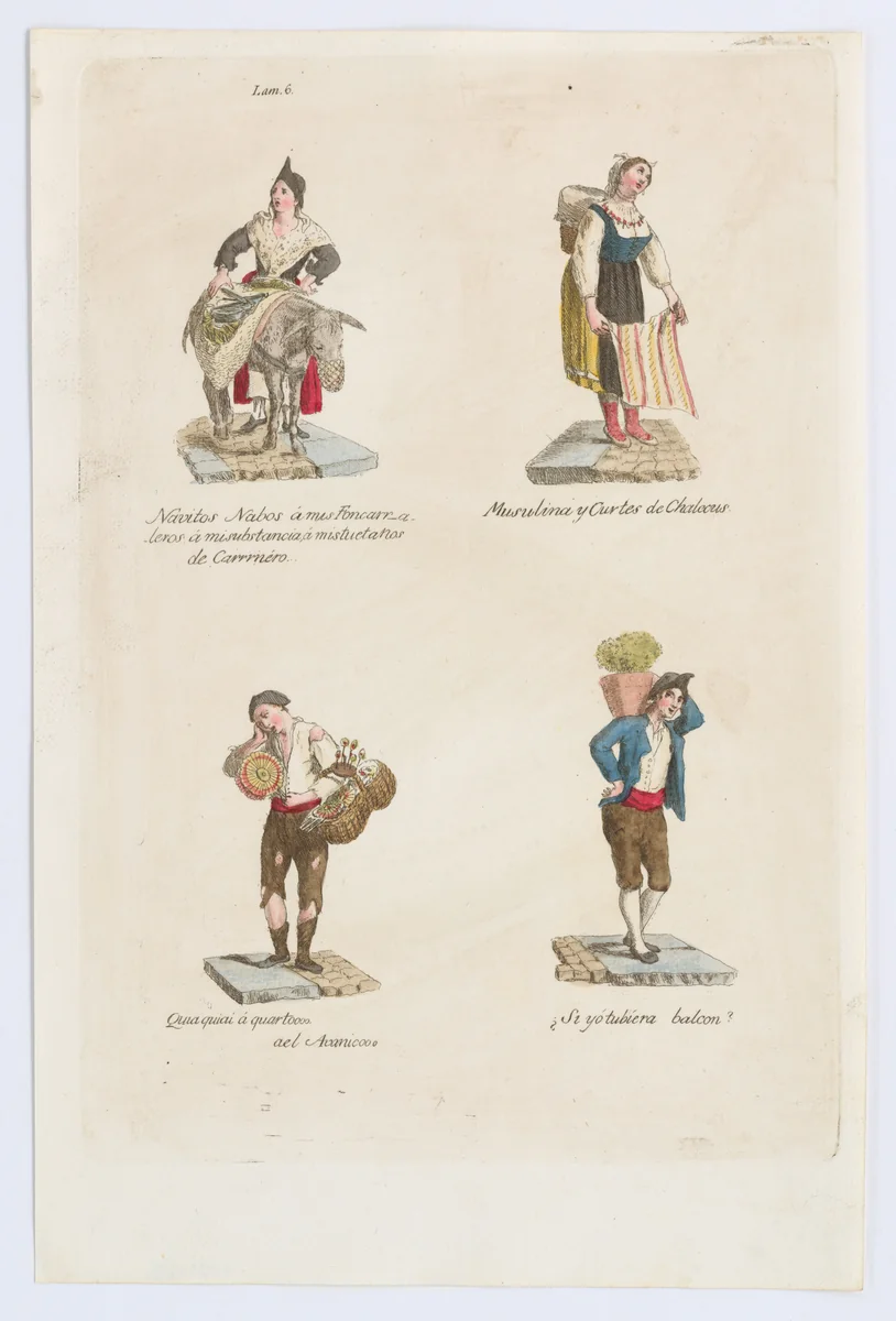 Plate 6: four street vendors from Madrid selling navitos, muslin, fans, plants, from 'Los Gritos de Madrid' (The Cries of Madrid) by Miguel Gamborino, print, 1809-1817