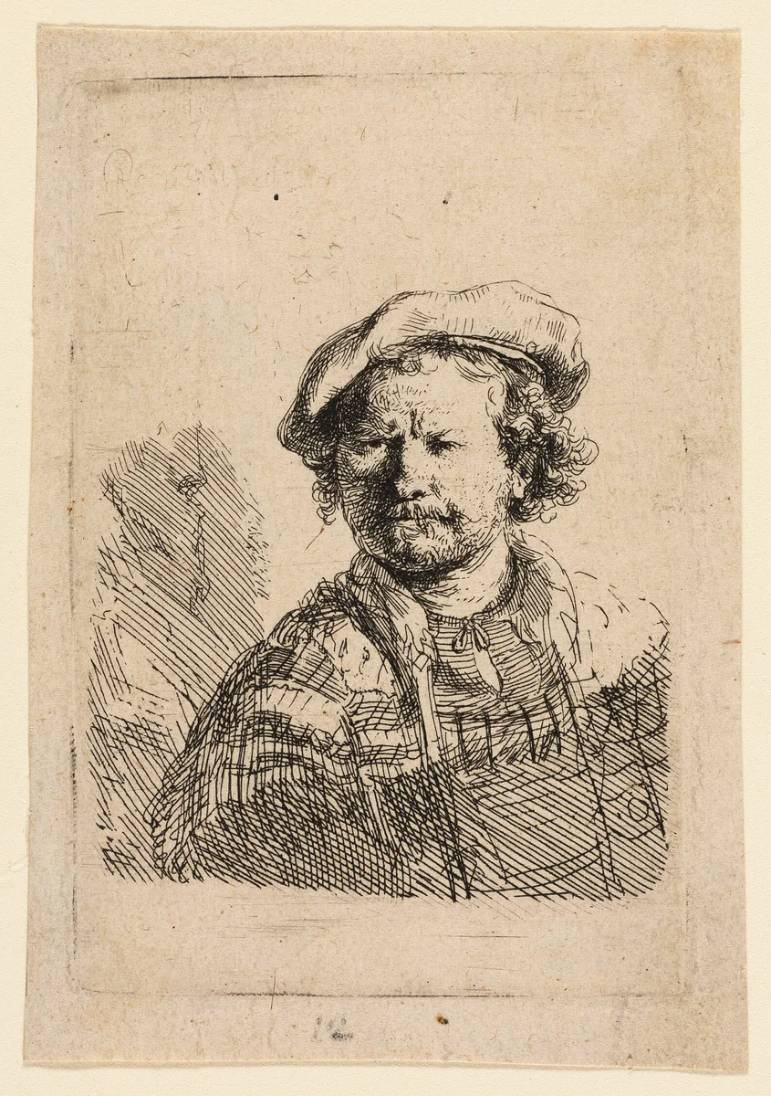 Self-Portrait in a Flat Cap and Embroidered Dress by Rembrandt van Rijn, print, 1637-1647