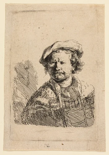 Self-Portrait in a Flat Cap and Embroidered Dress by Rembrandt van Rijn, print, 1637-1647