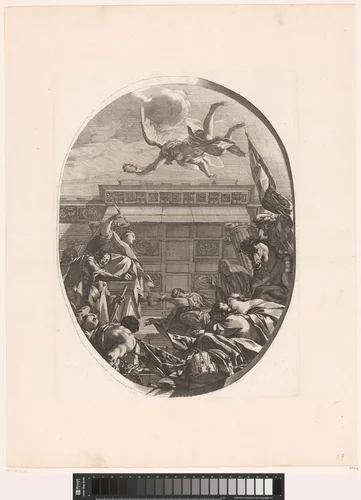Figuren in aanbidding voor Justitia by Michel Dorigny, print, 1640