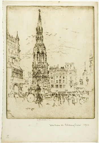 The Elinor Cross, in Front of Charing Cross Railway Station by Joseph Pennell, print, 1906