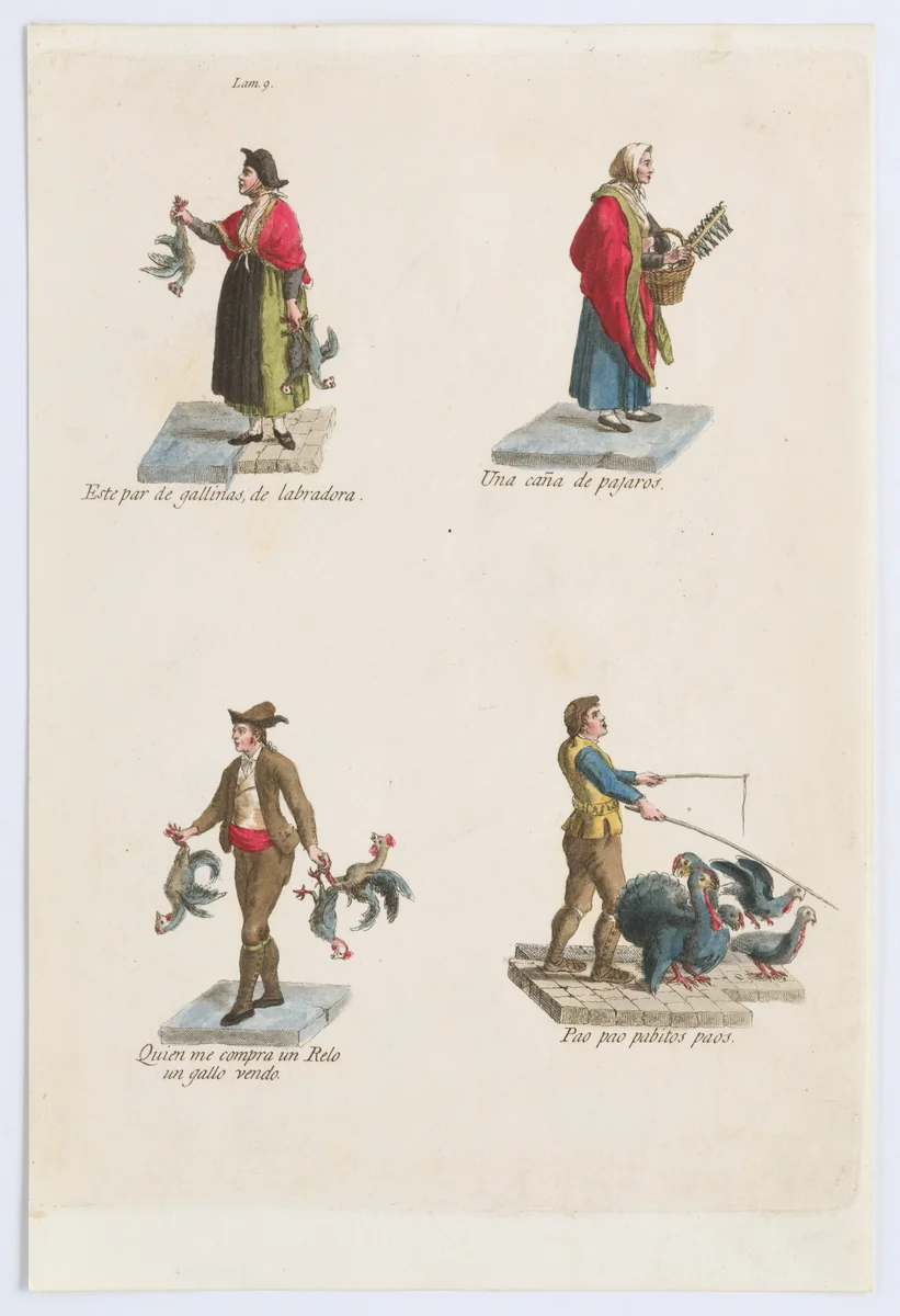 Plate 9: four street vendors from Madrid selling different kinds of birds (chicken, turkey, etc), from "Los Gritos de Madrid" (The Cries of Madrid) by Miguel Gamborino, print, 1809-1817