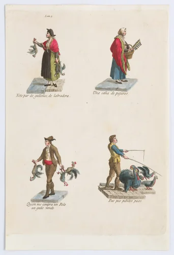 Plate 9: four street vendors from Madrid selling different kinds of birds (chicken, turkey, etc), from "Los Gritos de Madrid" (The Cries of Madrid) by Miguel Gamborino, print, 1809-1817