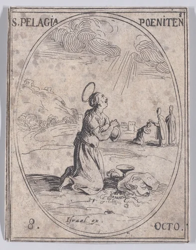 Ste. Pélagie, pénitente (St. Pelagia, Penitent), October 8th, from "Les Images De Tous Les Saincts et Saintes de L'Année" (Images of All of the Saints and Religious Events of the Year) by Jacques Callot, print, 1636