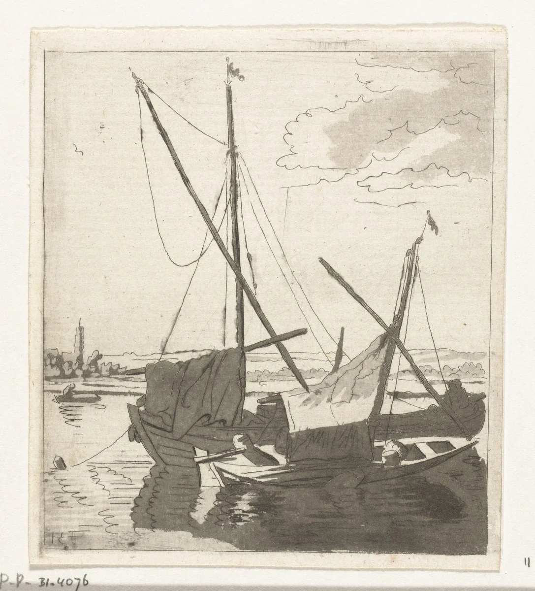 Twee zeilboten in een rivier by Anthonie van den Bos, print, 1778-1838