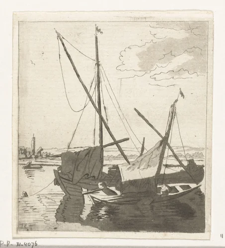 Twee zeilboten in een rivier by Anthonie van den Bos, print, 1778-1838