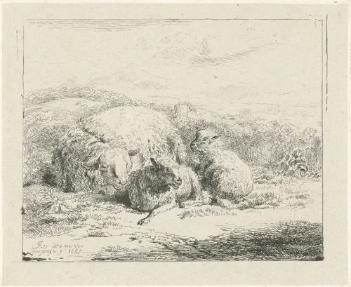 Liggend schaap met twee lammeren by William Young Ottley, print, 1685