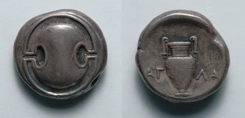 Stater: Boeotian Shield (obverse); Volute Krater (reverse) by Unknown, metalwork, -379--338