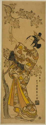 Young Woman Reading Tanzaku Tied to a Cherry Tree by Ishikawa Toyonobu, print, 1736-1746
