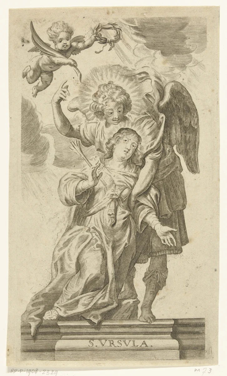 Martelaarschap van heilige Ursula met pijl in borst en ondersteund door engel by anonymous, print, 1623-1710