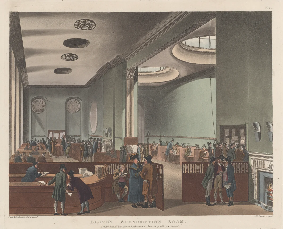 Lloyd's Subscription Room by Thomas Rowlandson, print, 1809