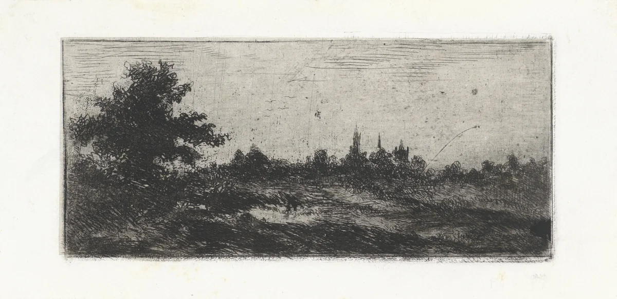Landschap met kerktorens in de verte by Arnoud Schaepkens, print, 1831-1904