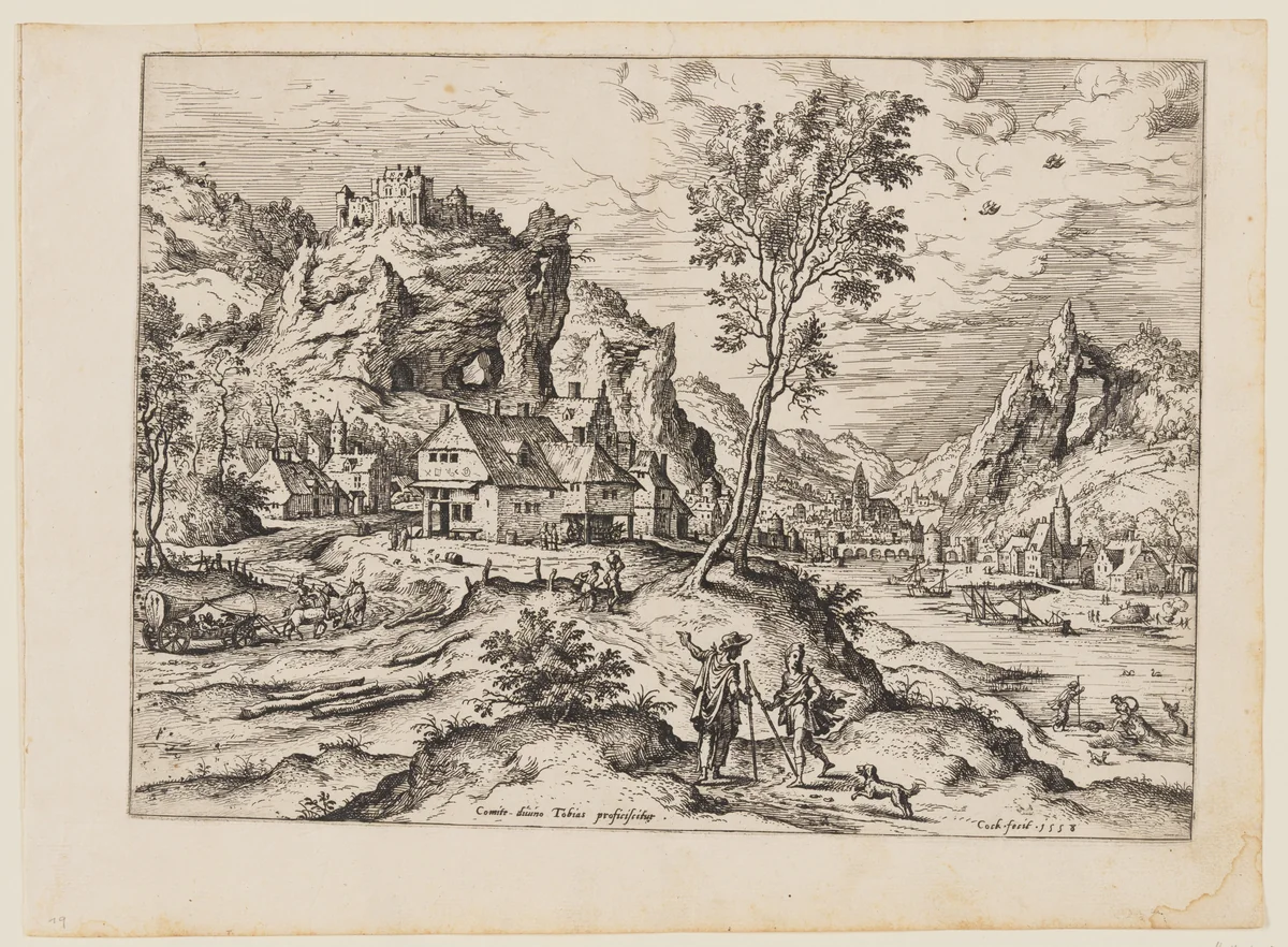 Tobias with the Angel and Dog, from Landscapes with Biblical and Mythological Scenes by Hieronymus Cock, print, 1558