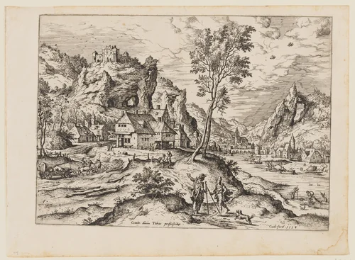 Tobias with the Angel and Dog, from Landscapes with Biblical and Mythological Scenes by Hieronymus Cock, print, 1558