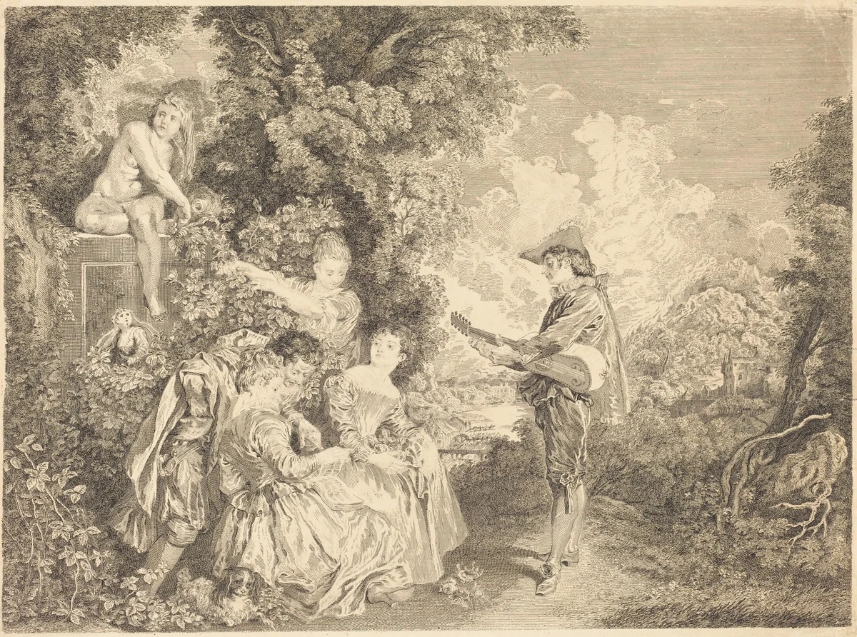 Lecon d'amour by Charles Dupuis; Antoine Watteau, print, 1734