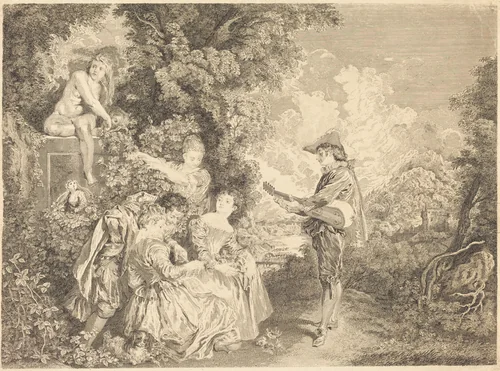 Lecon d'amour by Charles Dupuis; Antoine Watteau, print, 1734