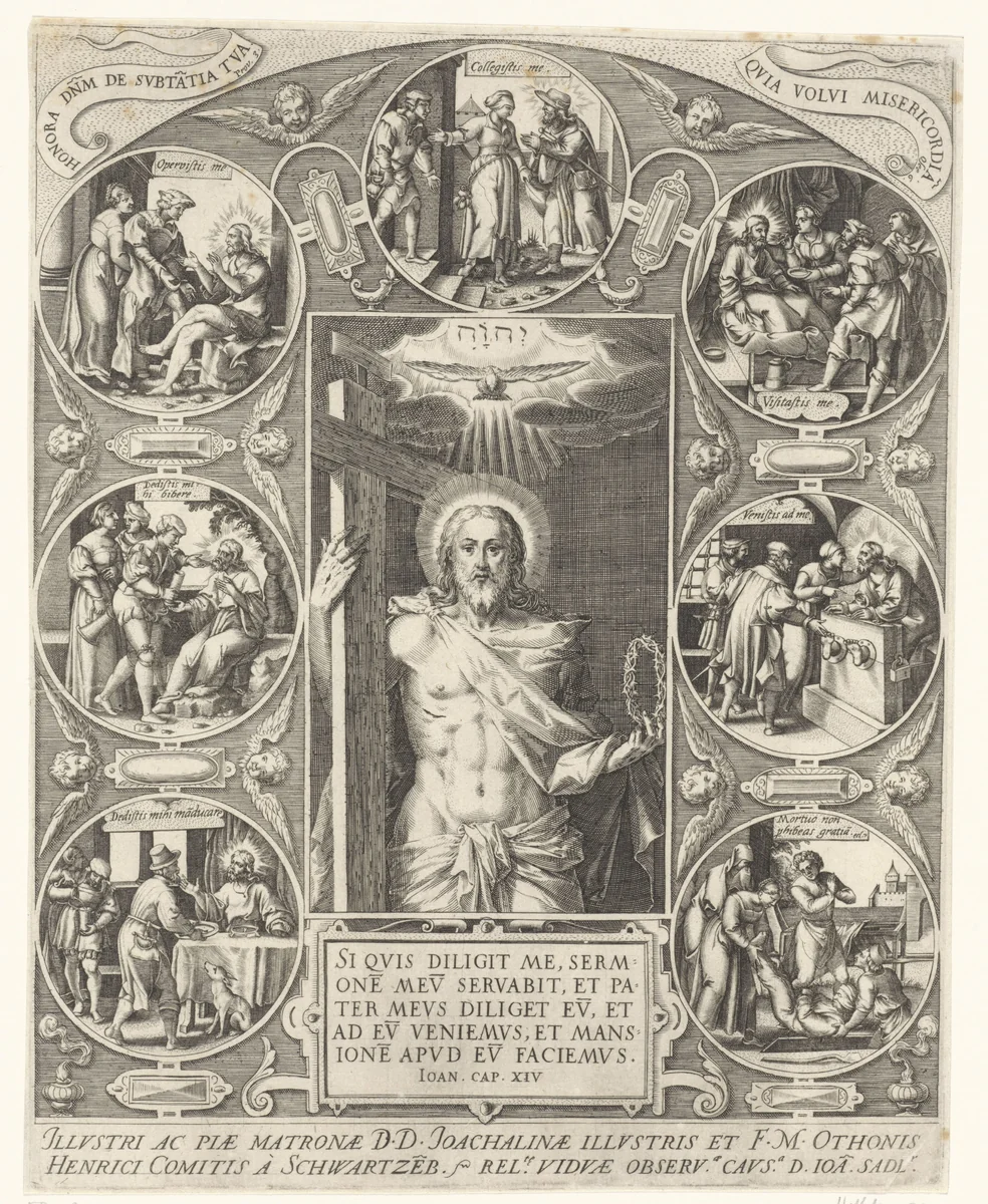 Christus en de werken van barmhartigheid by Unknown, print, 1582-1597