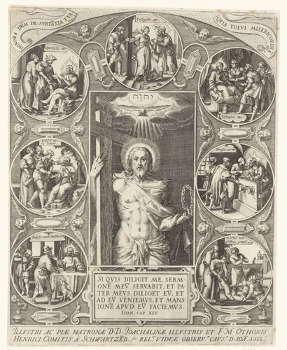 Christus en de werken van barmhartigheid by Unknown, print, 1582-1597