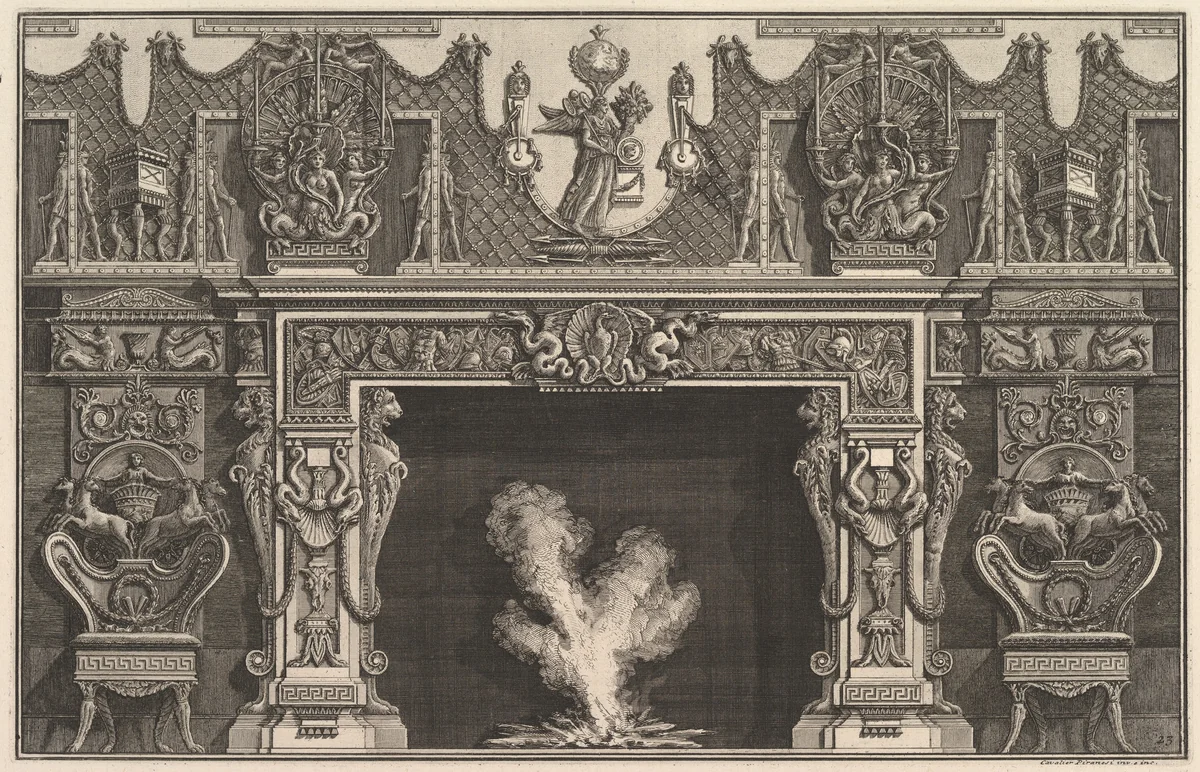 Bird in shell at the center of the lintel, with a frieze of trophies, surmounted by an overmantel with candelabra and flanked by chairs. (Ch. décorée d'une frise de casques et d'armures . . .) by Giovanni Battista Piranesi, print, 1769