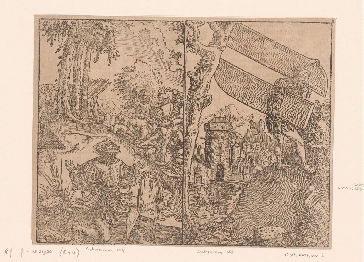 Twee passages uit het verhaal van Samson by Unknown, print, 1524