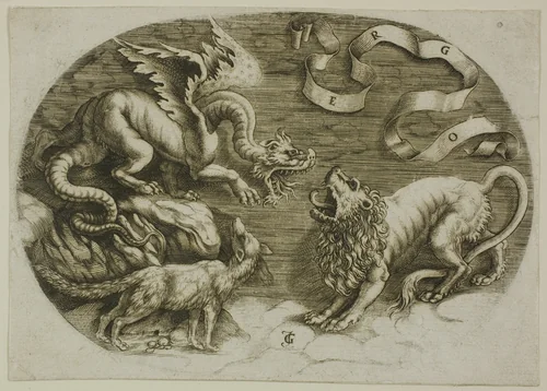 Lion, Dragon and Fox by Jean de Gourmont Marco Dente da Ravenna, print, 1520-1551