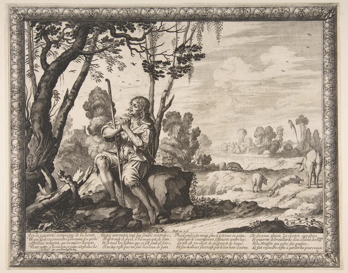 The Prodigal Son Guarding Pigs by Abraham Bosse, print, 1631-1641