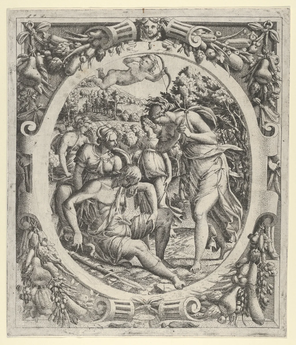 The Death of Adonis by Jean Mignon, print, 1535-1555
