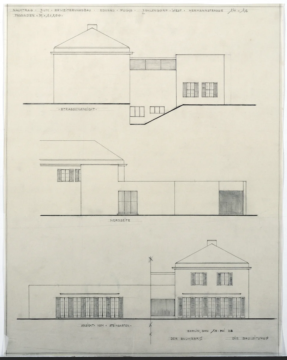 Fuchs Addition to Perls House, Berlin-Zehlendorf, Germany, Three elevations by Ludwig Mies van der Rohe, mies van der rohe archive, 1928