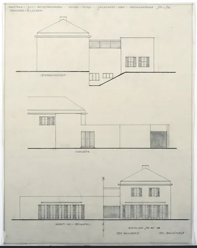 Fuchs Addition to Perls House, Berlin-Zehlendorf, Germany, Three elevations by Ludwig Mies van der Rohe, mies van der rohe archive, 1928
